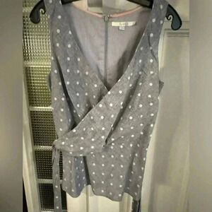 Boden linen blend sleeveless top blue w/ white polka dots size 8